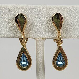 Vintage Avon Gold Tone Blue Stone Drop Clip On Earrings